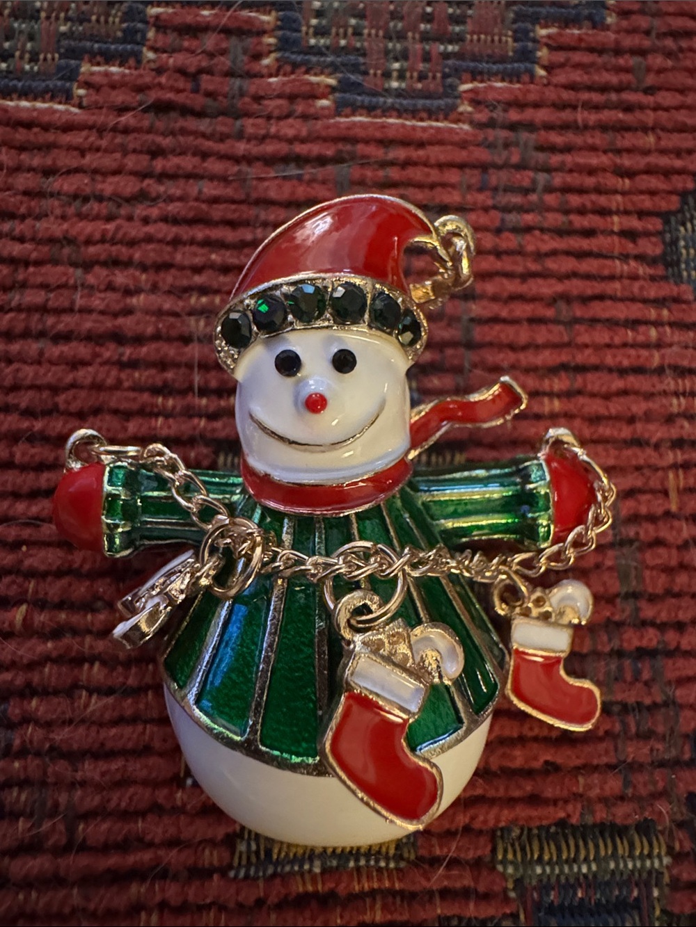 NWOT Festive Snowman Charm Brooch - Red & Green Holiday Jewelry